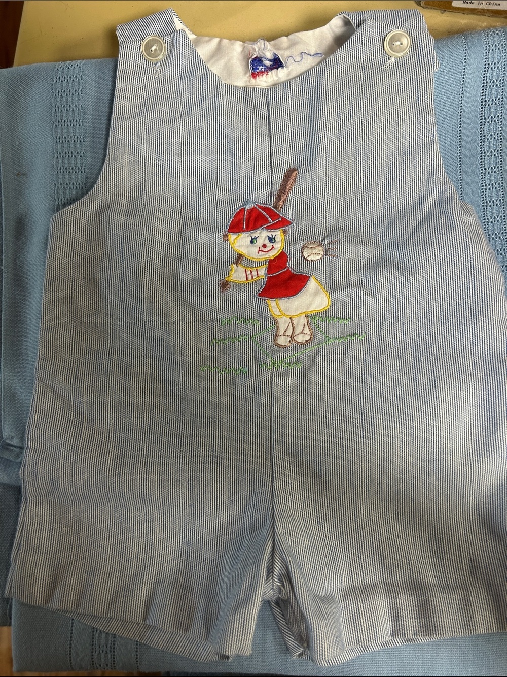 Unbranded Light Blue Striped Kids Shortalls with Embroidered Girl
